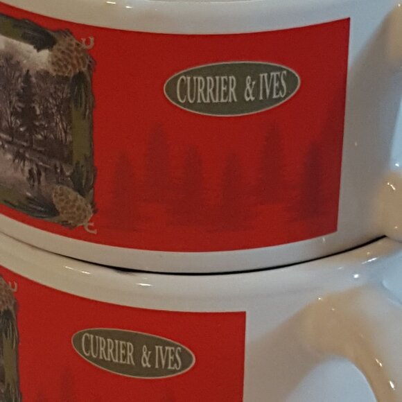 Currier and Ives Stackable Soup Mugs Houston Harvest SET of 2 Red Winter Scene - Picture 3 of 8